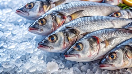 Fresh sea fish on ice at fish market counter, seafood, fish, fresh, ice, market, seafood market, counter, raw, display