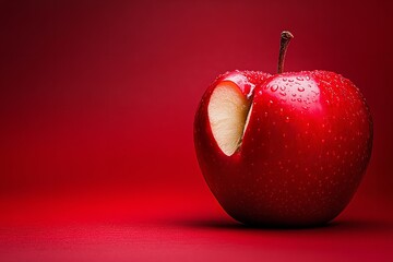 A red apple with a bite out of it rests against a crimson backdrop. Generative Ai