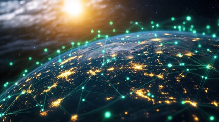 Obraz premium Glowing Data Connections on Earth in Dark Atmosphere