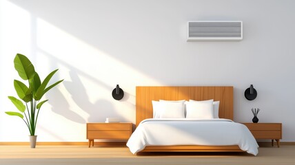 A modern bedroom featuring a wooden bed, side tables, minimalist decor, indoor plants and an air conditioning unit on a bright wall.