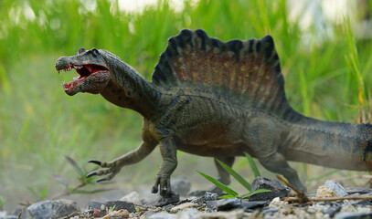 spinosaurus toy stands on nature background.