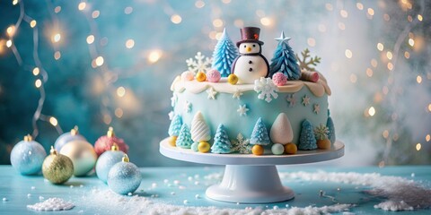 Cute winter birthday celebration cake adorned with a delightful masterpiece of decorations , cute, delicious