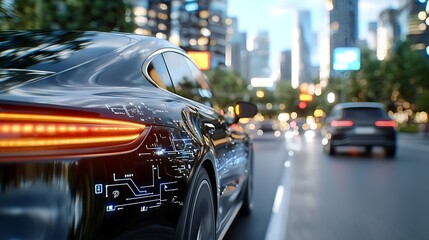 Naklejka premium Blurred Motion of Luxury Sedan at Night in Vibrant Cityscape with Skyscrapers and Illuminating Lights Dynamic urban transportation and modern architecture in a fast paced bustling city center