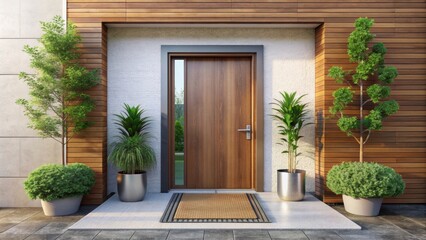 Entrance to a modern house with a wooden door, potted plants, and a welcome mat, home, entrance, doorway, house, exterior