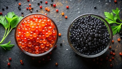 Closeup overhead shot of black and red caviar servings , caviar, luxury, gourmet, delicacy, expensive, high-end