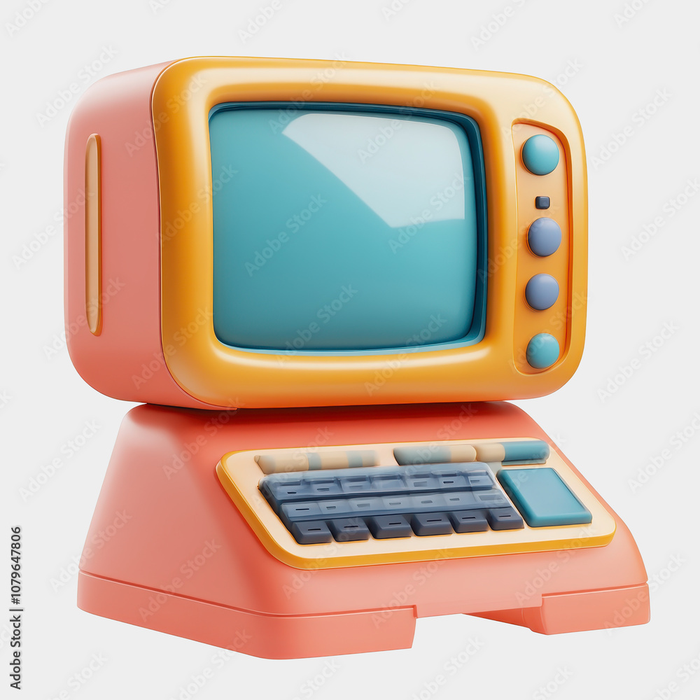 Aufkleber retro-style colorful cartoon computer with oversized monitor and keyboard on a modern isolated backg