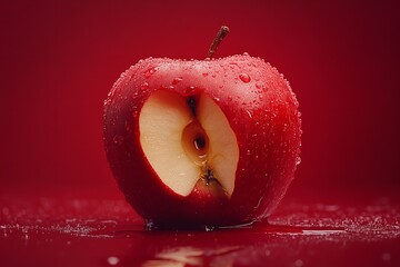 A red apple with a bite out of it rests against a crimson backdrop. Generative Ai