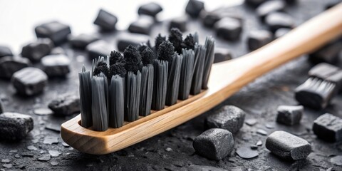 Naklejka premium Close-up of black toothbrush with charcoal pieces, oral care, hygiene, dental, charcoal toothbrush, black, cleaning