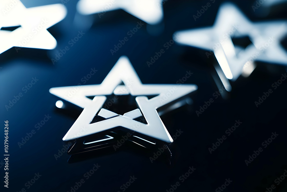Poster a close-up of shiny silver stars on a dark surface, creating a reflective and elegant effect.