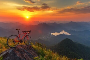 Fototapeta premium A red bicycle sits on a rocky cliff overlooking a valley, with the sunset casting a warm glow over the landscape.