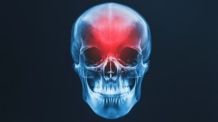 Detailed x ray image of a human skull in a futuristic glowing blue and red transparency  The medical scan showcases the bone structure and internal anatomy in a conceptual digital art style