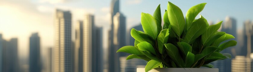 Obraz premium Economic Growth and Climate Change concept. A vibrant green potted plant sits in the foreground with a city skyline in the background, showcasing a blend of nature and urban living.