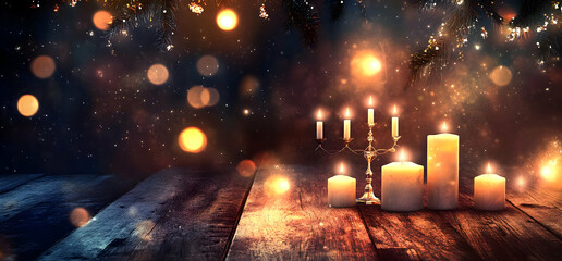 A serene display of candles and lights, creating a warm, festive atmosphere.