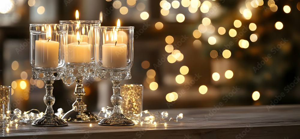 Poster elegant candles on a table with soft bokeh lights, creating a warm ambiance.