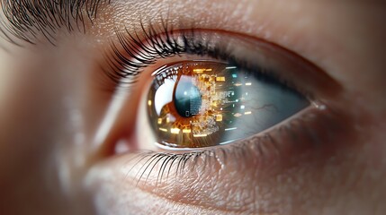 Naklejka premium Captivating close up of a mesmerizing cyberpunk inspired human eye with a futuristic digital iris and pupil reflection showcasing the power of advanced visual technology and biometric identification