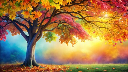 Colorful tree with vibrant leaves on hanging branches background, floral, tree, leaves