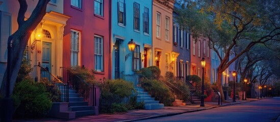 Row of townhouses in a vibrant neighborhood, with trees and street lamps, evening light,