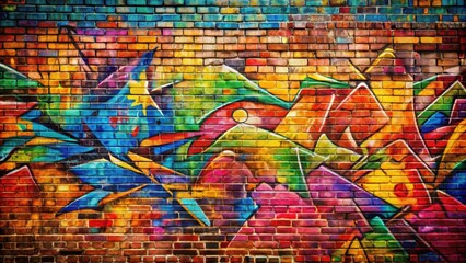 Graffiti brick wall covered in colorful street art , urban, spray paint, street art, graffiti, tags, vibrant, artistic, mural