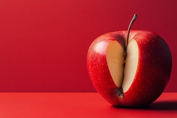 A red apple with a bite out of it rests against a crimson backdrop. Generative Ai