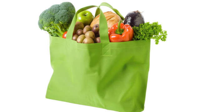 Reusable bag with groceries on white transparent background