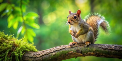 A squirrel perched on a tree branch in a lush green forest , wildlife, nature, woodland, cute, fluffy, mammal, rodent, trees
