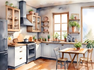 Cozy Kitchen Watercolor Art Simplicity Life