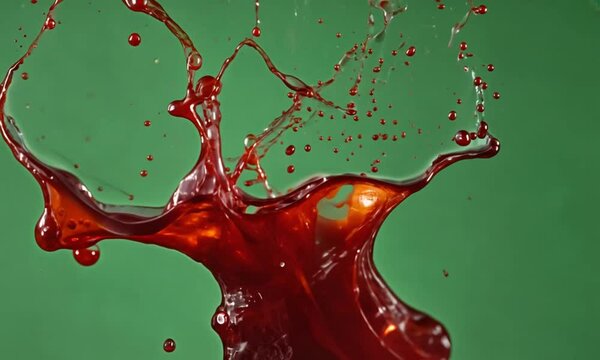 A single drop of blood that falls and hits the center of the screen, creating a ripple effect with radiating waves that tint with red as they spread, on a green screen background
