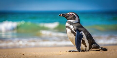 Fototapeta premium A penguin enjoying the sun on a sandy beach, penguin, beach, wildlife, nature, adorable, cute, bird, aquatic, ocean, sunny