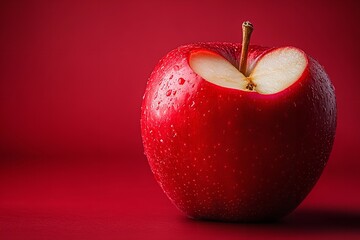 A red apple with a bite out of it rests against a crimson backdrop. Generative Ai