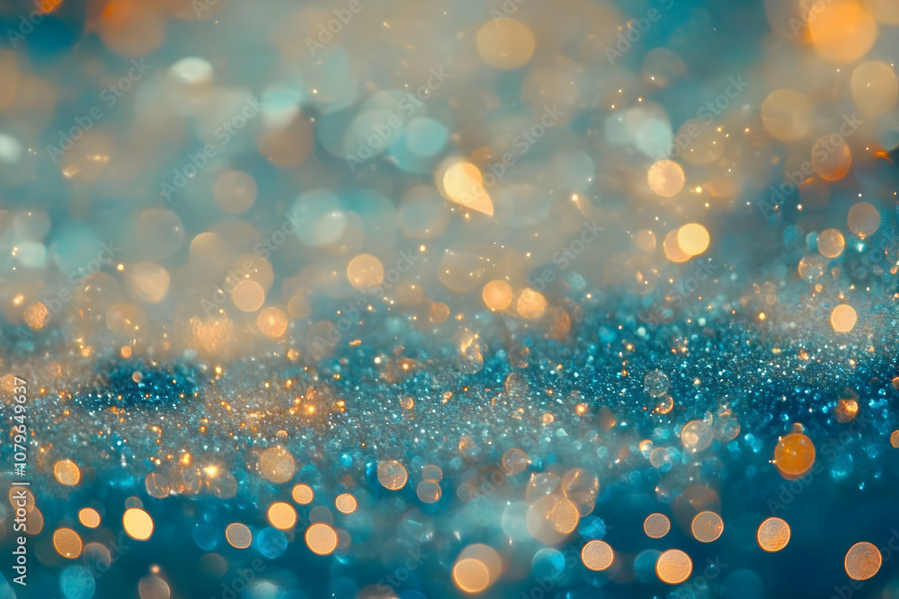 Poster a shimmering abstract background with blue and gold bokeh effects.