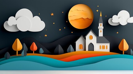 Naklejka premium Enchanted Nightfall in a Quaint Rural Village with Glowing Church Spire and Starry Sky Idyllic Mountainous Landscape with Cozy Hamlet Peaceful Stream and Mystical Atmosphere