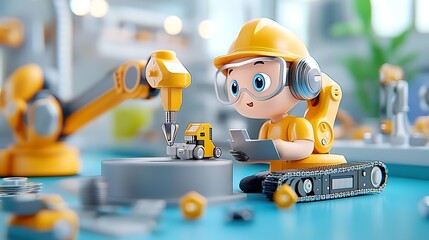 Fototapeta premium Cute and Cartoonish Robot Character Wearing Hard Hat Using Power Tools and Equipment in a Futuristic and Modern Industrial Workspace Setting