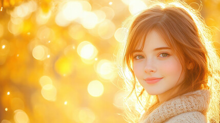 young woman with warm smile in cozy sweater, surrounded by golden autumn leaves and soft sunlight, creating serene and joyful atmosphere