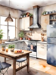 Cozy Kitchen Watercolor Art Simplicity Life