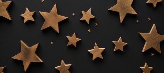 sparkling wooden gold stars with confetti on black background 2