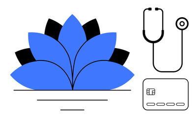 Stethoscope, credit card, blue-black abstract lotus flower. Ideal for healthcare, finance, wellness, insurance, medical services health costs financial planning. Line metaphor