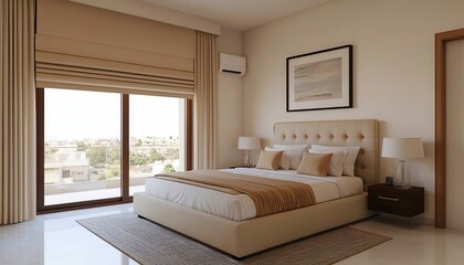 A modern bedroom featuring a plush bed, elegant decor, and natural light streaming in through large windows.
