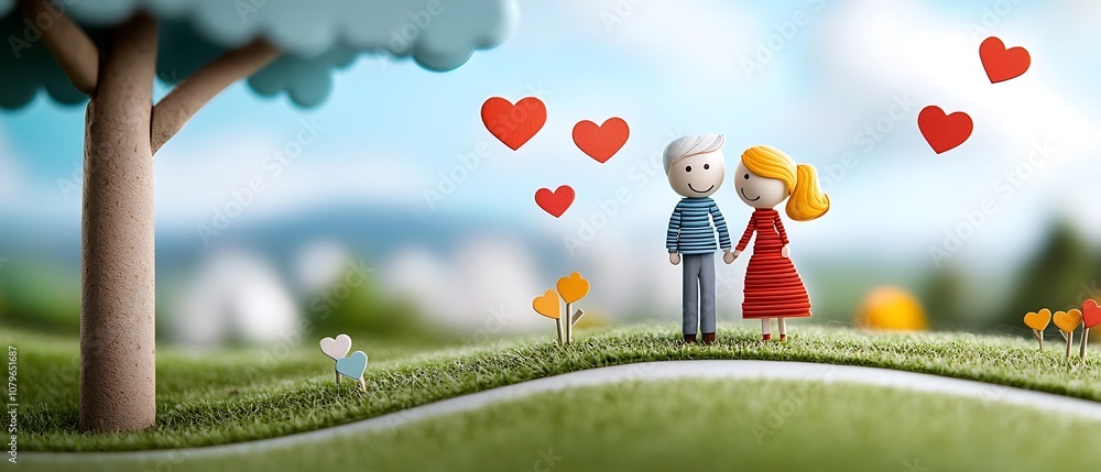 Poster romantic young couple embracing and smiling lovingly in a beautiful outdoor setting with lush greene