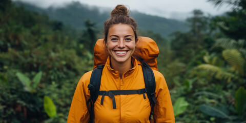 smiling woman in orange jacket and backpack stands in lush green forest, showcasing her adventurous spirit and love for nature.