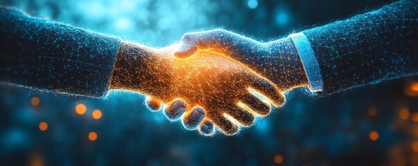 Business collaboration through a digital handshake, glowing hands meeting on a blue tech background, representing partnership, growth, and technological synergy