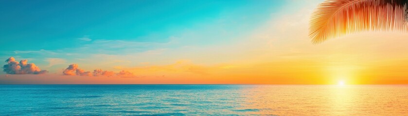 Obraz premium A stunning sunset over the ocean, casting vibrant colors across the sky, with gentle waves and palm silhouettes framing the scene.