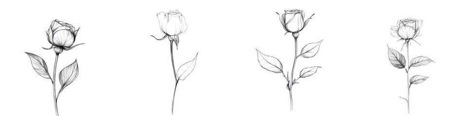 Elegant Botanical Rose with Detailed Floral Line Art Sketches