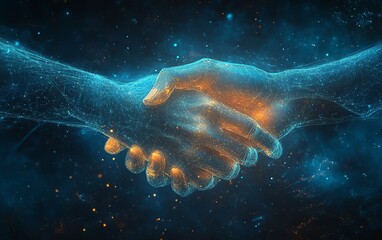 Digital handshake between two glowing hands, symbolizing business collaboration, set against a dynamic blue tech backdrop representing modern enterprise solutions