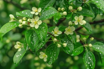 Naklejka premium Close-Up of Rain-Dappled Tree Buds and Blossoms. AI generative