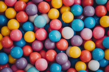 A close-up image of a pile of colorful gumballs.