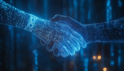 Futuristic digital handshake representing business collaboration, glowing hands connecting against a blue tech backdrop, symbolizing success in the digital era