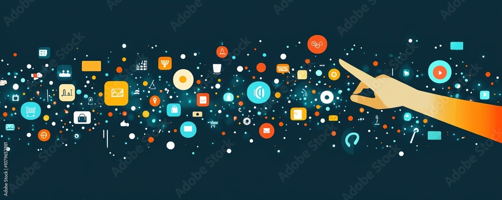 Poster hand interacting with a sleek digital display filled with technology icons, set on a dark blue backg