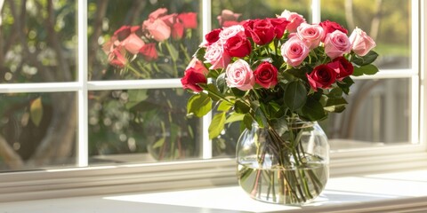 Bouquet of Red and Pink Roses in a Clear Glass Vase Placed on a Windowsill. AI generative
