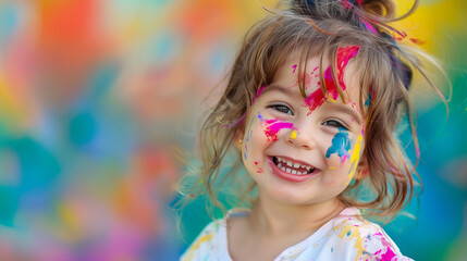 Fototapeta premium Happy child with colorful paint on face and clothes in a playful and creative moment