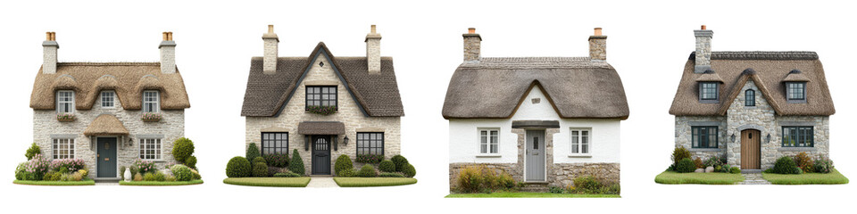 Collection of Charming English Country Cottages Nestled in Picturesque Rustic Landscape Settings with Lush Foliage Flowers and Cozy Architectural Details  Ideal for Real Estate Home Decor